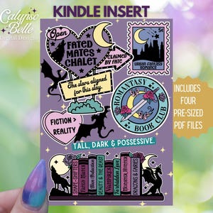 May include: A digital download of four pre-sized PDF files for Kindle inserts. The images feature a romantic fantasy theme with a purple background and illustrations of dragons, wolves, and books. The text includes "Fated Mates Chalet", "Romanstasy Book Club", "Fiction > Reality", and "Tall, Dark & Possessive."