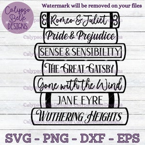 Könnte beinhalten: Schwarzweißgrafik eines Stapels Bücher mit den Titeln "Romeo und Julia", "Stolz und Vorurteil", "Vernunft und Gefühl", "Der große Gatsby", "Vom Winde verweht", "Jane Eyre" und "Wuthering Heights".