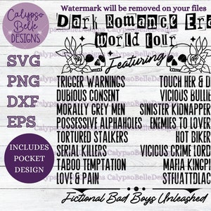 May include: A digital download of a graphic design featuring a skull and rose with the text "Dark Romance Era World Tour Featuring" and a list of trigger warnings including "Touch Her & Die", "Vicious Bullies", "Sinister Kidnappers", "Enemies to Lovers", "Hot Bikers", "Vicious Crime Lords", "Mafia Kingpin", and "STFUATTDLACC".
