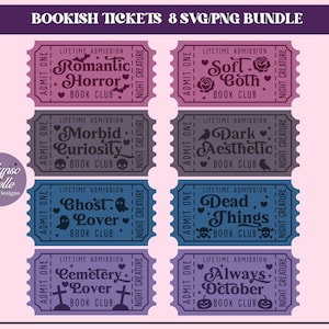 May include: A digital bundle of eight vintage-style tickets with a pink background. Each ticket features a unique design with phrases like "Romantic Horror Book Club" and "Always October Book Club." The tickets are in various colors, including purple, blue, and gray.