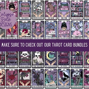 May include: A set of tarot cards with illustrations inspired by books and reading. The cards feature a purple and pink color scheme with black outlines. The card titles include "The Book", "The TBR", "The Bookshelf", "The Bookshop", "The Kindle", "The Night Owl", "The Antisocial Reader", "The Ace Cap", "Student Teacher Romance", "Touch Her & Dae", "Morally Grey", "The Tropes", "Enemies to Lovers", "The Book", "The TBR", "The Bookshelf", "The Bookshop", "The Kindle", "The Night Owl", "The Antisocial Reader", "The Ace Cap", "Student Teacher Romance", "Touch Her & Dae", "Morally Grey", "The Tropes", "Enemies to Lovers", "The Villain", "The Fantasy Reader", "The Tropes", "The Bookshelf", "The Chosen One", "The Mafia Romance", "The MC Romance", "The Romantasy", "The Paranormal Romance", "The Vampire Romance", "Monster Romance", "Why Choose", "Taboo Romance", "The Bookshelf", "The Tropes", "The Villain", "The Fantasy Reader", "The Tropes", "The Bookshelf", "The Chosen One", "The Mafia Romance", "The MC Romance", "The Romantasy", "The Paranormal Romance", "The Vampire Romance", "Monster Romance", "Why Choose", "Taboo Romance".