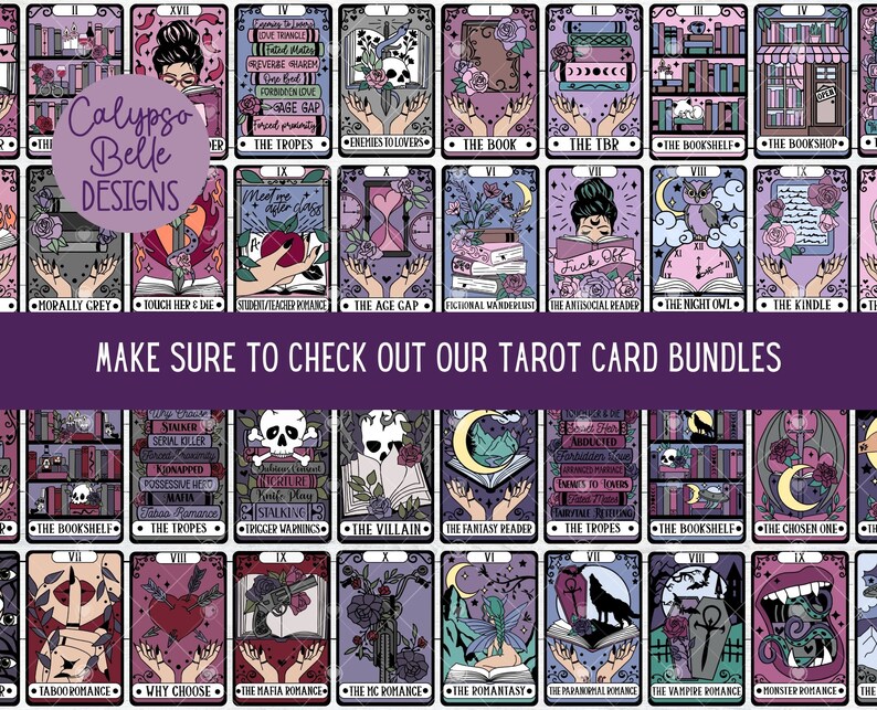 May include: A set of tarot cards with illustrations inspired by books and reading. The cards feature a purple and pink color scheme with black outlines. The card titles include "The Book", "The TBR", "The Bookshelf", "The Bookshop", "The Kindle", "The Night Owl", "The Antisocial Reader", "The Ace Cap", "Student Teacher Romance", "Touch Her & Dae", "Morally Grey", "The Tropes", "Enemies to Lovers", "The Book", "The TBR", "The Bookshelf", "The Bookshop", "The Kindle", "The Night Owl", "The Antisocial Reader", "The Ace Cap", "Student Teacher Romance", "Touch Her & Dae", "Morally Grey", "The Tropes", "Enemies to Lovers", "The Villain", "The Fantasy Reader", "The Tropes", "The Bookshelf", "The Chosen One", "The Mafia Romance", "The MC Romance", "The Romantasy", "The Paranormal Romance", "The Vampire Romance", "Monster Romance", "Why Choose", "Taboo Romance", "The Bookshelf", "The Tropes", "The Villain", "The Fantasy Reader", "The Tropes", "The Bookshelf", "The Chosen One", "The Mafia Romance", "The MC Romance", "The Romantasy", "The Paranormal Romance", "The Vampire Romance", "Monster Romance", "Why Choose", "Taboo Romance".