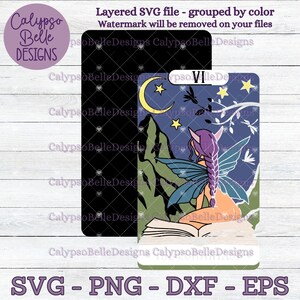 May include: A digital illustration of a fairy sitting on an open book with a crescent moon and stars in the background. The fairy has purple hair, blue wings, and is wearing a purple dress. The book is open to a page with a green mountain scene. The text "VI" is visible in the top right corner of the image.