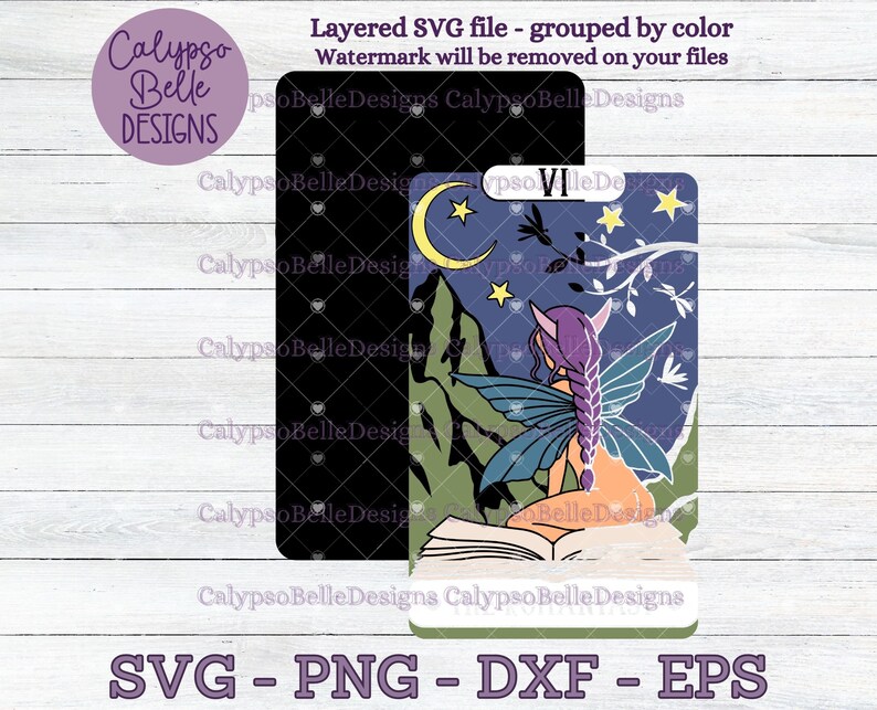 May include: A digital illustration of a fairy sitting on an open book with a crescent moon and stars in the background. The fairy has purple hair, blue wings, and is wearing a purple dress. The book is open to a page with a green mountain scene. The text "VI" is visible in the top right corner of the image.