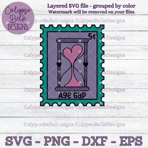 May include: A teal blue postage stamp with a purple hourglass with a pink heart inside. The hourglass is surrounded by a black outline. The text "Age Gap" is printed in black below the hourglass. The stamp has a 5¢ denomination.