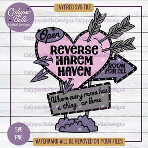 May include: A pink heart with the text "Reverse Harem Haven" and arrows pointing to it.  There are three signs with the text "Open", "Room for All", and "Where every room has a king...or three."
