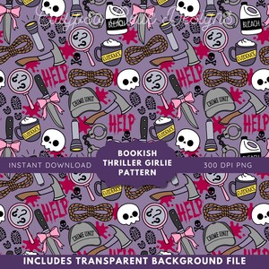 May include: A purple pattern featuring crime scene elements like a magnifying glass, knife, rope, skull, and axe. The words "HELP" and "CRIME UNIT" are visible. The design includes the text "BOOKISH THRILLER GIRLIE PATTERN" and "INSTANT DOWNLOAD".
