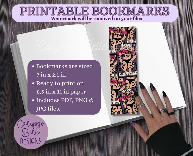 May include: Printable bookmark with a repeating pattern of figures, text, and floral elements in black, purple, and beige. The bookmark is 7 inches long and 2.1 inches wide. The image also includes text that says "PRINTABLE BOOKMARKS" and "Watermark will be removed on your files."
