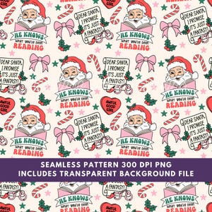 May include: A festive seamless pattern featuring Santa Claus reading a book, candy canes, bows, and hearts. The text includes "He Knows What You've Been Reading" and "Dear Santa, I Promise It's Just a Fantasy!" on a light pink background.