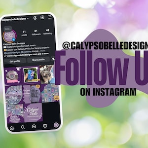 May include: A smartphone screen displays an Instagram profile for Calypso Belle Designs, showcasing digital designs for book lovers. The profile includes a logo, posts, and the text "Follow Us on Instagram" with the handle @CALYPSOBELLEDESIGNS.