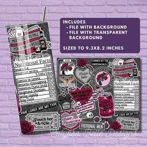May include: A tumbler and sticker sheet featuring a "Mafia Romance" theme. The tumbler has a black background with various graphics, including playing cards, roses, and text. The sticker sheet includes similar designs, with text like "Enemies to Lovers" and "Crime Lords are my type."
