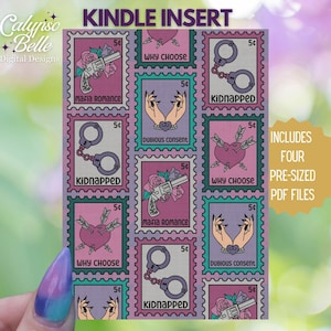 May include: A set of four printable Kindle book cover inserts featuring a pink, purple, and green color scheme. The images include handcuffs, hearts with arrows, guns, and hands. The text on the images includes "Kidnapped", "Mafia Romance", "Why Choose", and "Dubious Consent".