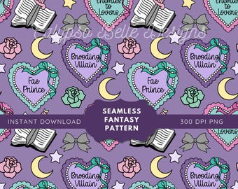 Fantasy Romance Seamless Pattern: Romantasy png, Bookish Pattern, Coquette Dragons, Enemies to Lovers, Morally Grey, Romance Reader Pattern