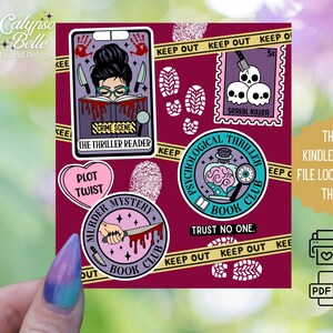May include: A set of eight digital stickers featuring a variety of book club themes. The stickers are in a variety of colors, including pink, purple, blue, and green. The stickers feature illustrations of a woman reading a book, a potion bottle, a fingerprint, a knife, and a skull. The text on the stickers includes "The Thriller Reader", "Plot Twist", "Murder Mystery Book Club", "Psychological Thriller Book Club", "Trust No One", and "Serial Killer".