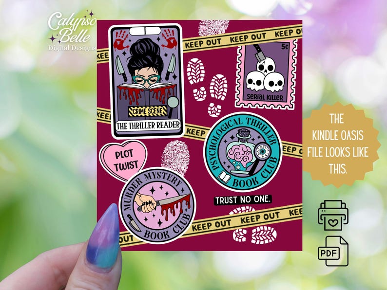 May include: A set of eight digital stickers featuring a variety of book club themes. The stickers are in a variety of colors, including pink, purple, blue, and green. The stickers feature illustrations of a woman reading a book, a potion bottle, a fingerprint, a knife, and a skull. The text on the stickers includes "The Thriller Reader", "Plot Twist", "Murder Mystery Book Club", "Psychological Thriller Book Club", "Trust No One", and "Serial Killer".