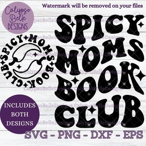 May include: Black and white graphic design with the text "Spicy Moms Book Club" in a retro font. The design includes a crescent moon and stars.