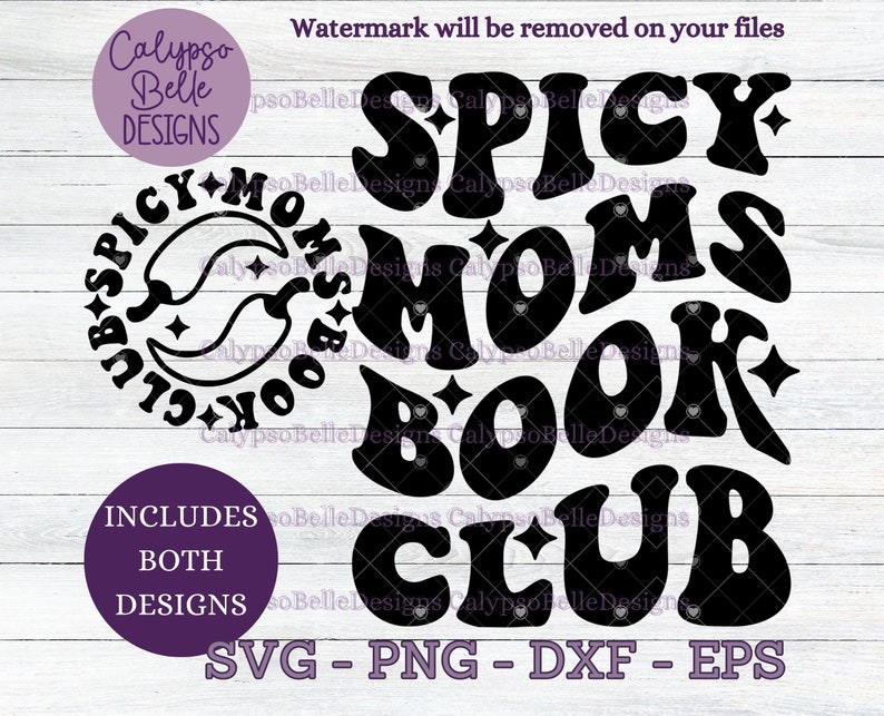 May include: Black and white graphic design with the text "Spicy Moms Book Club" in a retro font. The design includes a crescent moon and stars.