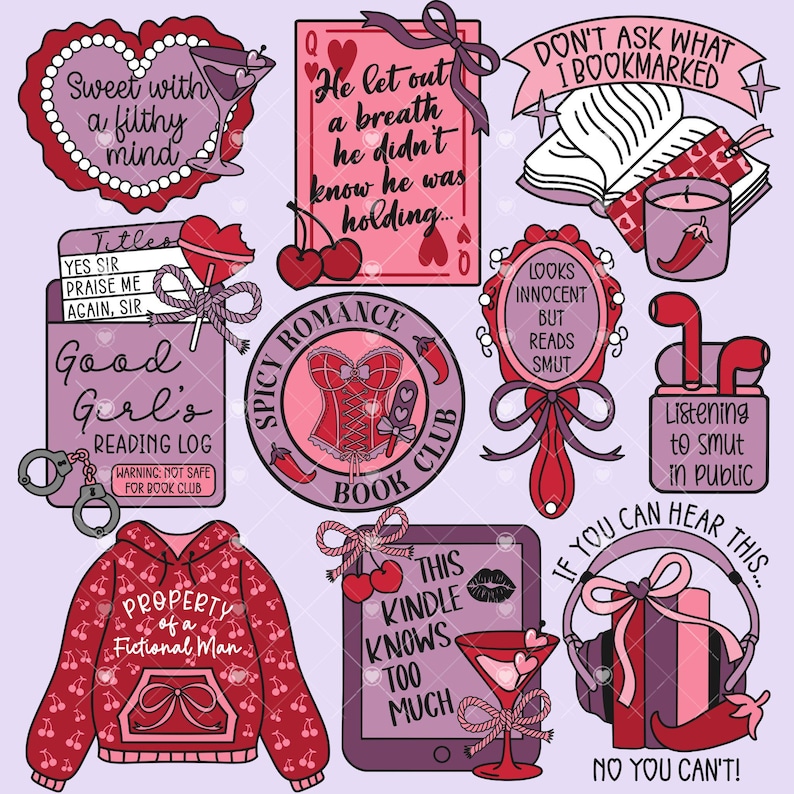 May include: A collection of red and purple graphic designs with text, including a heart-shaped design with a cocktail, a corset, a reading log, and a hoodie with cherry patterns. The designs have phrases like "Sweet with a filthy mind" and "Spicy Romance Book Club."