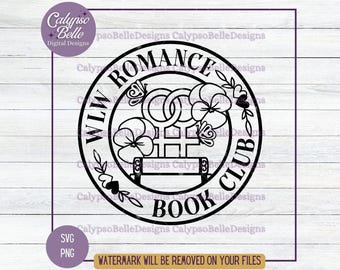 Peut inclure: Design numérique noir et blanc avec le texte "WLW ROMANCE BOOK CLUB" dans un emblème circulaire. Le design comprend des accents floraux et papillons, et le symbole féminin. Le design comprend également le texte "SVG PNG".