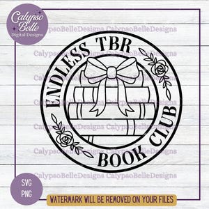 May include: Black and white graphic design of a stack of books with a bow on top. The text "Endless TBR Book Club" surrounds the books.