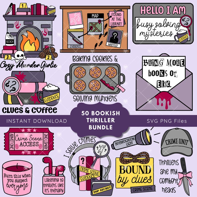 May include: A collection of digital illustrations with a cozy murder theme. Includes a fireplace, crime scene map, cookies, books, and phrases like "Clues & Coffee" and "Cozy Murder Girlie." Perfect for thriller enthusiasts.