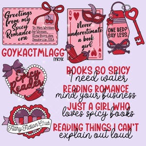 May include: A collection of pink and red graphic designs with text related to romance novels. Includes a postcard, playing card, key, and heart-shaped designs with phrases like "Spicy Romance" and "Reading Romance."