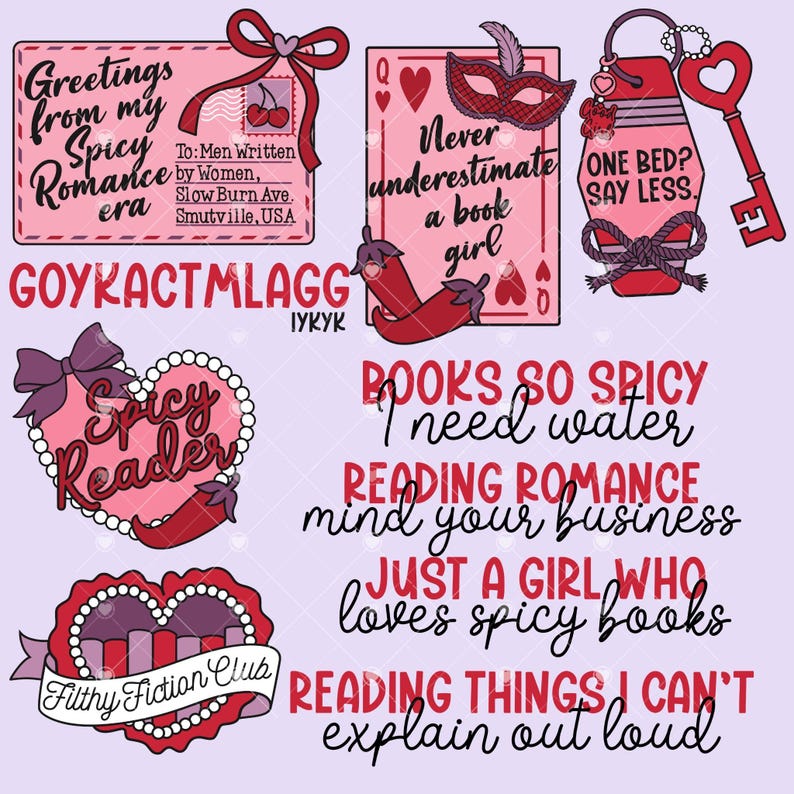 May include: A collection of pink and red graphic designs with text related to romance novels. Includes a postcard, playing card, key, and heart-shaped designs with phrases like "Spicy Romance" and "Reading Romance."