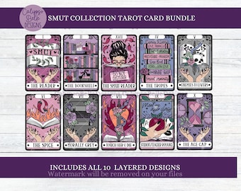 Könnte beinhalten: Ein Set mit 10 Tarotkarten mit Illustrationen und Text. Die Karten sind in einem rosa, lila und grauen Farbschema gehalten. Der Text auf den Karten lautet "SMUT", "The Reader", "The Bookshelf", "The Smut Reader", "The Tropes", "Enemies to Lovers", "The Spice", "Morally Grey", "Touch Her & Die", "Student/Teacher Romance" und "The Age Gap".