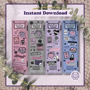 May include: Four bookmarks with a locker design, each with "Dark Romance Book Club Member." The bookmarks feature hearts, skulls, and phrases like "Trigger Warning" and "I Love Red Flags." The image also has the text "Instant Download."