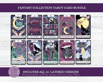 May include: A set of ten fantasy themed tarot cards with illustrations of a moon, a wolf, a book, a skull, a vampire, a monster, a spaceship, a fairy, a sword, and a hand reaching out. The cards are purple, blue, and green with black outlines. The text on the cards reads "The Fantasy Reader", "The Tropes", "The Bookshelf", "The Chosen One", "The Fated Mates", "The Romantasy", "The Paranormal Romance", "The Vampire Romance", "Monster Romance", and "The Sci-Fi Romance".