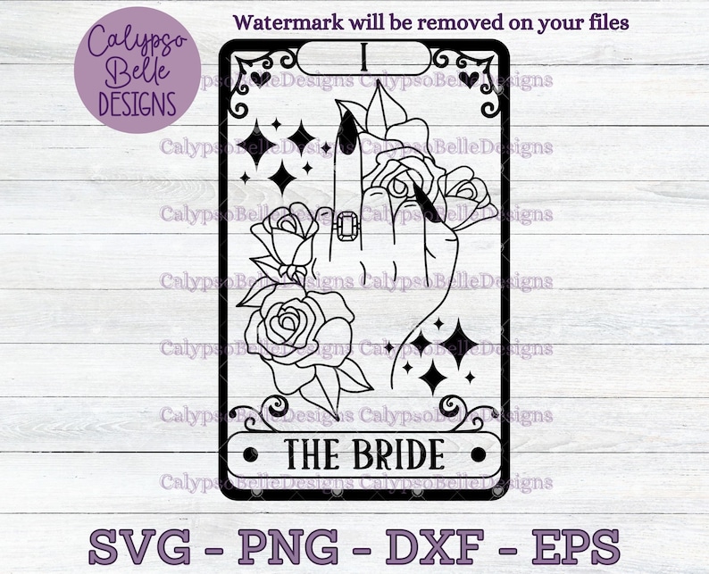 May include: A black and white illustration of a tarot card with the text "THE BRIDE" at the bottom. The card features a hand with a ring on the middle finger, surrounded by roses and stars.