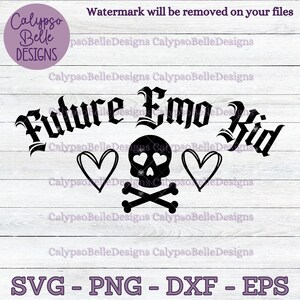 May include: Black and white graphic design featuring a skull with hearts for eyes, crossed bones, and the text "Future Emo Kid" in a gothic font.
