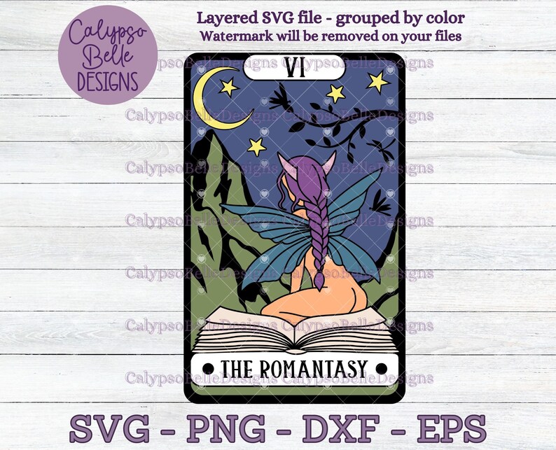 May include: A tarot card illustration featuring a fairy with purple hair and blue wings sitting on a book. The card is titled "The Romantasy" and has a roman numeral VI in the top right corner. The background is a dark blue sky with stars and a crescent moon.