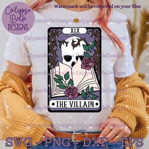 May include: A tarot card with a purple background and a skull with a crown on top of a book. The card is surrounded by thorns and roses. The text on the card reads "XIX THE VILLAIN".