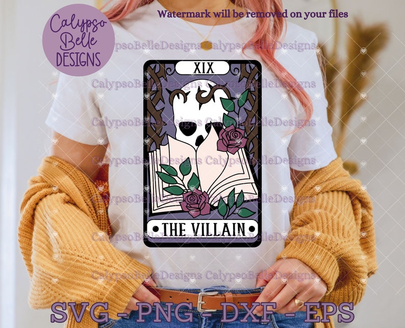May include: A tarot card with a purple background and a skull with a crown on top of a book. The card is surrounded by thorns and roses. The text on the card reads "XIX THE VILLAIN".