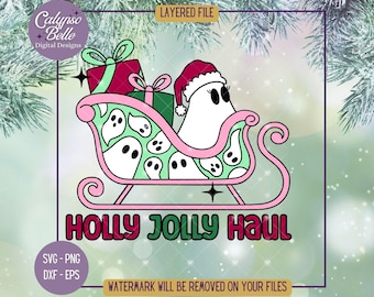 May include: A pink and green Christmas sleigh with a ghost wearing a Santa hat riding in it. The sleigh is filled with ghosts and the text "HOLLY JOLLY HAUL" is below the sleigh.