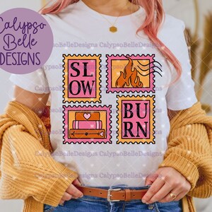 May include: White t-shirt with a graphic design of four colorful postage stamps. The stamps read "SLOW BURN" with a stack of books, a flame, and a heart on each stamp.