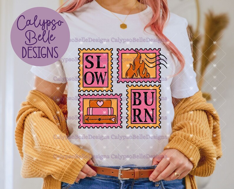 May include: White t-shirt with a graphic design of four colorful postage stamps. The stamps read "SLOW BURN" with a stack of books, a flame, and a heart on each stamp.