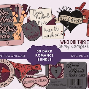 Puede incluir: Un paquete de gráficos digitales que incluye ilustraciones de una tableta con el texto Killer Heels and Dirty Books, una máscara, un corazón con una daga, un encendedor con el texto Playing With Fire, un antifaz, una tarjeta de biblioteca y esmalte de uñas con la etiqueta Red Flag.