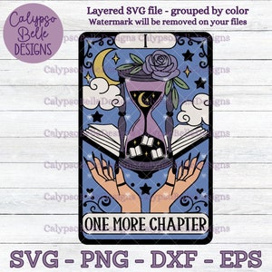 May include: A tarot card with a blue background and a purple hourglass with a crescent moon inside. The hourglass is surrounded by stars and a purple rose. The card reads "ONE MORE CHAPTER".