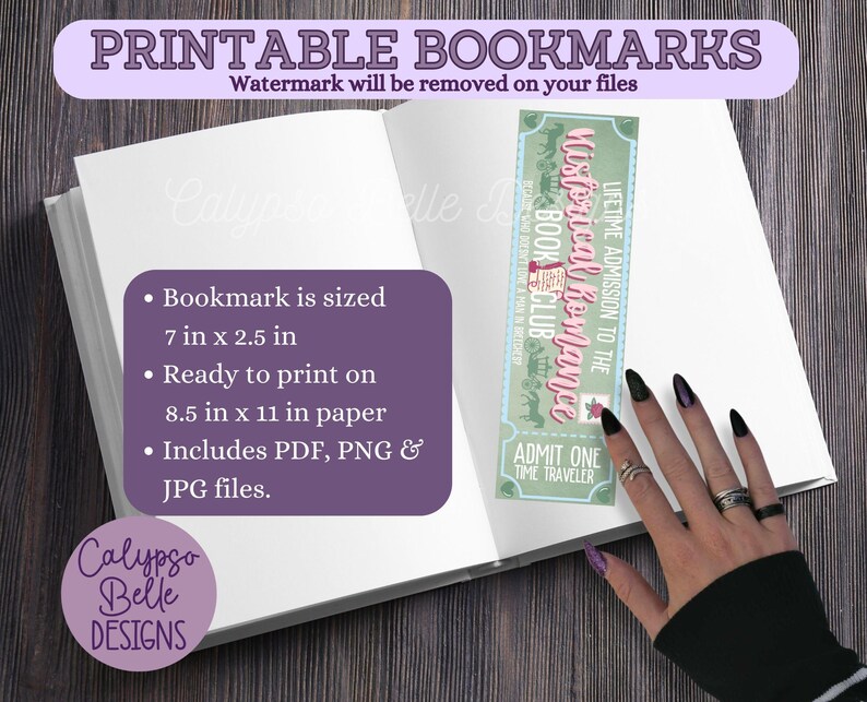 May include: Printable bookmark design featuring a vintage-style ticket with the text "Historical Romance Book Club" and "Lifetime Admission to the Time Traveler". The bookmark is 7 inches by 2.5 inches and is ready to print on 8.5 by 11 inch paper. The design includes PDF, PNG, and JPG files.