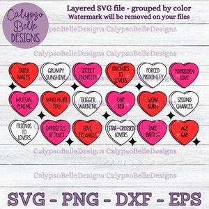 May include: A set of 16 Valentine's Day themed heart-shaped SVG cut files. Each heart features a different romantic or relationship-themed phrase, such as "Fated Mates", "Grumpy Sunshine", "Secret Identity", "Enemies to Lovers", "Forced Proximity", "Forbidden Love", "Mutual Pining", "Who Hurt You", "Trigger Warning", "One Bed", "Slow Burn", "Second Chances", "Friends to Lovers", "Opposites Attract", "Love Triangle", "Star-Crossed Lovers", "Fake Dating", and "Age Gap".
