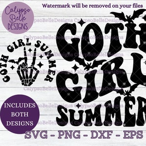 May include: Black and white graphic design featuring the text "goth girl summer" with a skeleton hand making a peace sign. The design includes bats and stars.