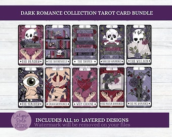 Könnte beinhalten: Ein Set aus zehn Tarotkarten mit einem dunklen Romantik-Thema. Die Karten zeigen Illustrationen von Schädeln, Büchern, Augen, Pistolen und anderen dunklen Bildern. Die Karten sind mit römischen Ziffern und Titeln wie "Der Leser", "Das Bücherregal", "Die Tropen", "Der Bösewicht", "Der Stalker", "Tabu-Romantik", "Warum wählen", "Die Mafia-Romantik" und "Die MC-Romantik" beschriftet.