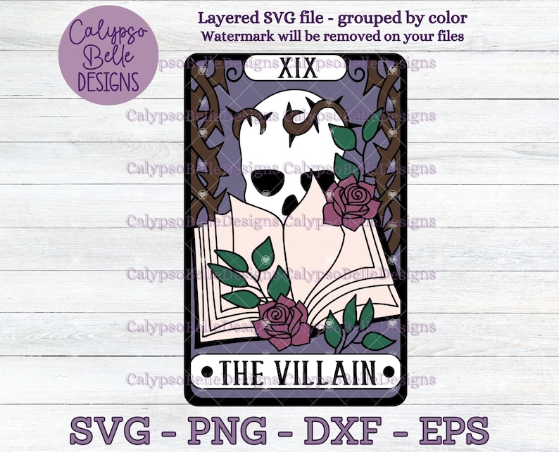 May include: A tarot card with a purple background and a black border. The card features a skull with a book in front of it. The book is open and has a rose and leaves on top of it. The card number XIX and the words "THE VILLAIN" are printed on the card.
