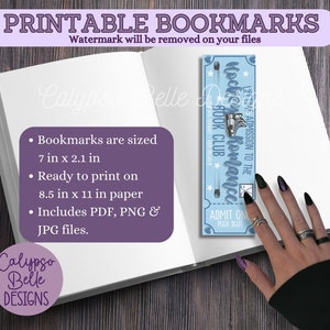 May include: Printable bookmarks with a hockey theme. The bookmark is blue and white with the text "Hockey Romance" and "Lifetime Admission to the Book Club". The bookmark is 17.8 cm by 5.3 cm and is ready to print on 21.6 cm by 27.9 cm paper.