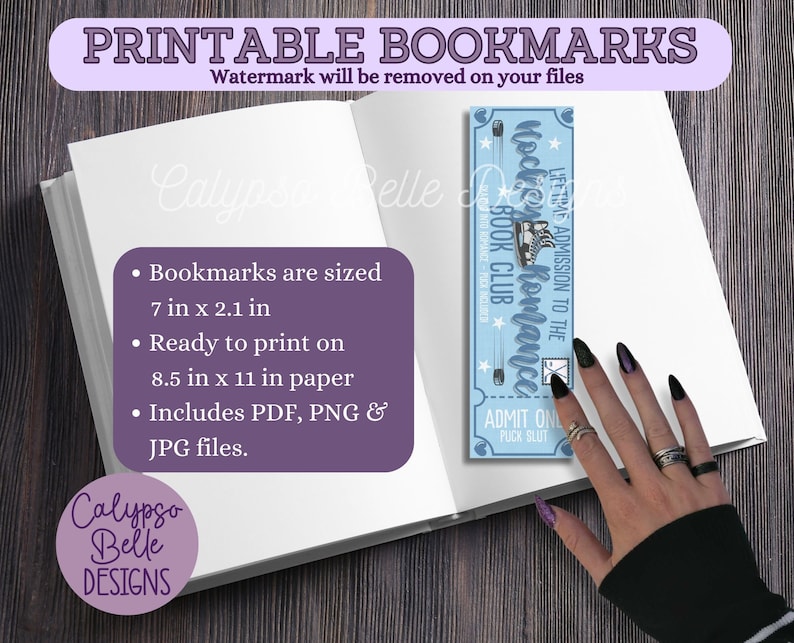 May include: Printable bookmarks with a hockey theme. The bookmark is blue and white with the text "Hockey Romance" and "Lifetime Admission to the Book Club". The bookmark is 17.8 cm by 5.3 cm and is ready to print on 21.6 cm by 27.9 cm paper.