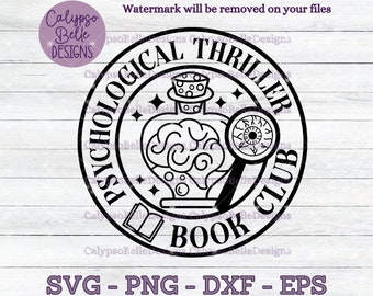 May include: Black and white illustration of a book club logo. The logo features a brain inside a potion bottle, a magnifying glass with an eye, and the text "Psychological Thriller Book Club".