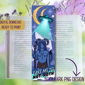 Könnte beinhalten: Ein blaues und violettes Lesezeichen mit einer Cartoon-Illustration eines blauhäutigen, gehörnten Wesens, das eine Lanze hält. Das Lesezeichen trägt den Text "Take Me To Not-Hoth" in weißen Buchstaben. Der Hintergrund ist ein sternenübersäter Nachthimmel mit einem UFO.