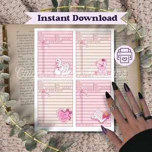 May include: Pink printable book review cards with illustrations of a swan, teddy bear, open book, and a heart with the words "With Love." The cards have lines for title, author, rating, and review.